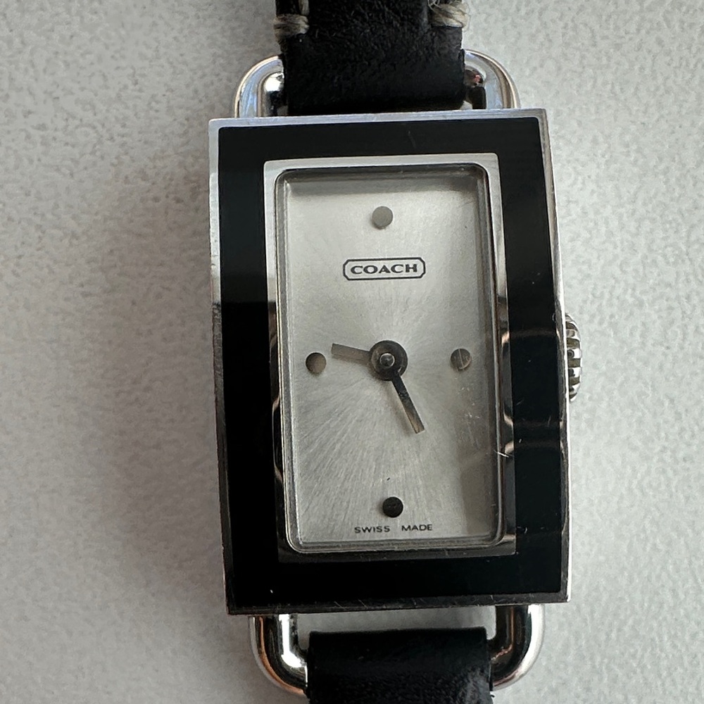 Coach Silver Rectangular Watch With Black Leather… - image 1